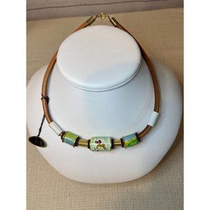 Vintage Leather Choker with Hand Painted Beads ~